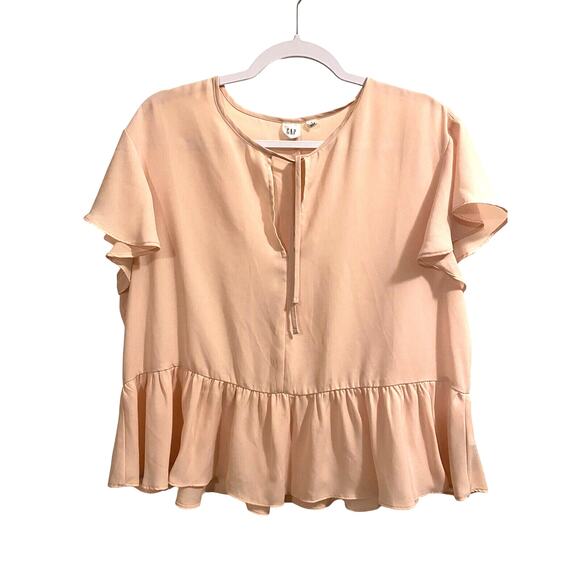 Gap Women’s Light Pink Flutter Sleeves Tie Neck Peplum Blouse Size Large - Picture 1 of 7